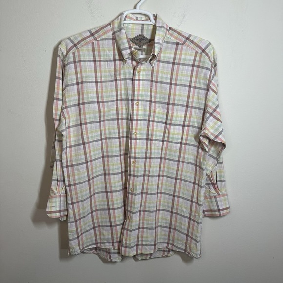 Bills Khakis Shirt Mens L‎ Pink Yellow Long Sleeve Button Up Linen Cotton USA - Picture 1 of 6